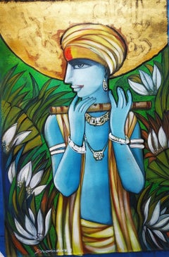 Krishna, acrylique sur toile, couleurs bleues et jaunes de l'artiste indien « en stock »