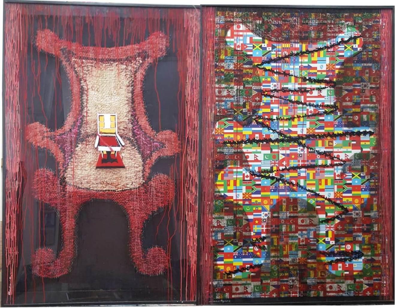 Landlord, textile de technique mixte, rouge, jaune par l'artiste contemporain « en stock »