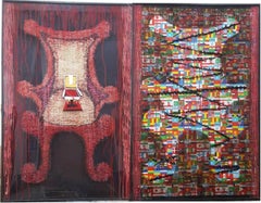 Landlord, textile de technique mixte, rouge, jaune par l'artiste contemporain « en stock »