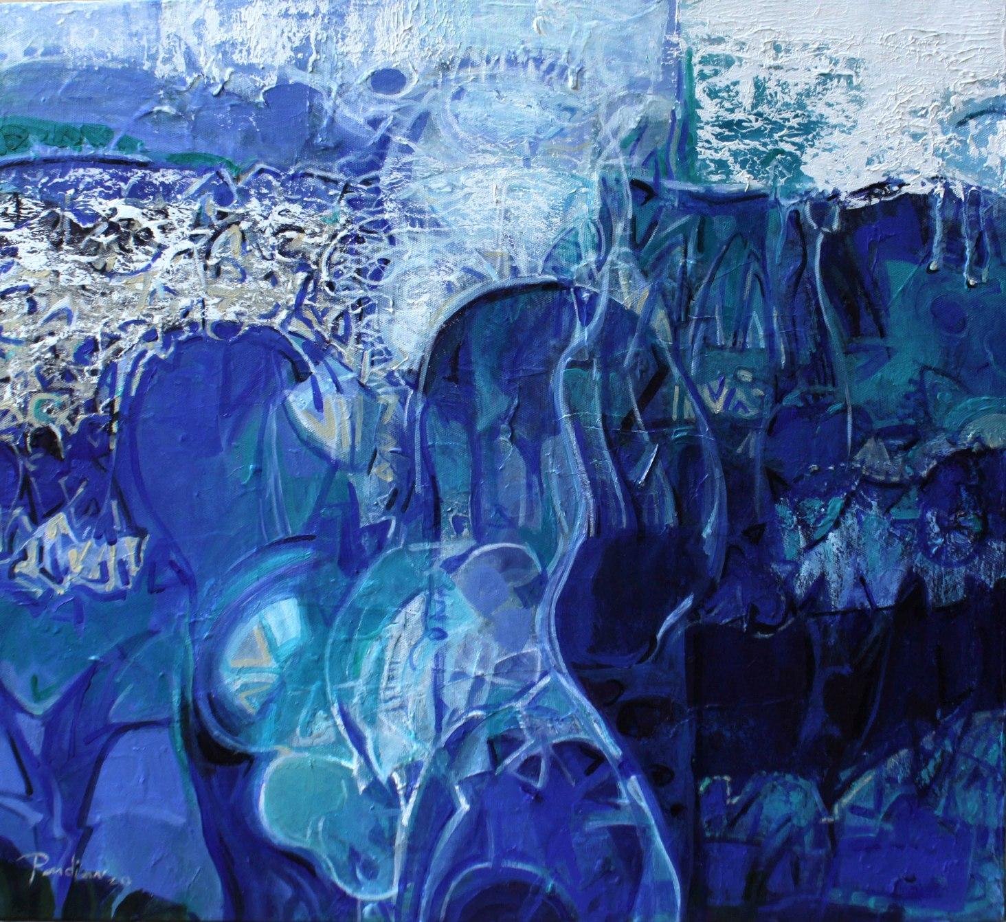 Abstract Painting di T. Athi Veerapandian - Senza titolo, Acrilico su tela, colori blu di Artista contemporaneo "In magazzino"