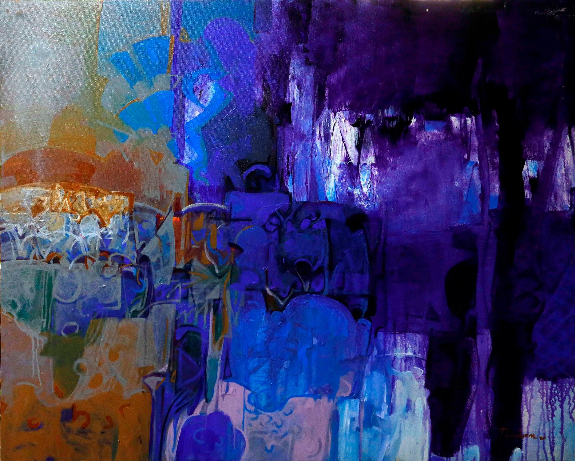 Sans titre, acrylique sur toile, couleurs bleues de l'artiste contemporain « En stock »
