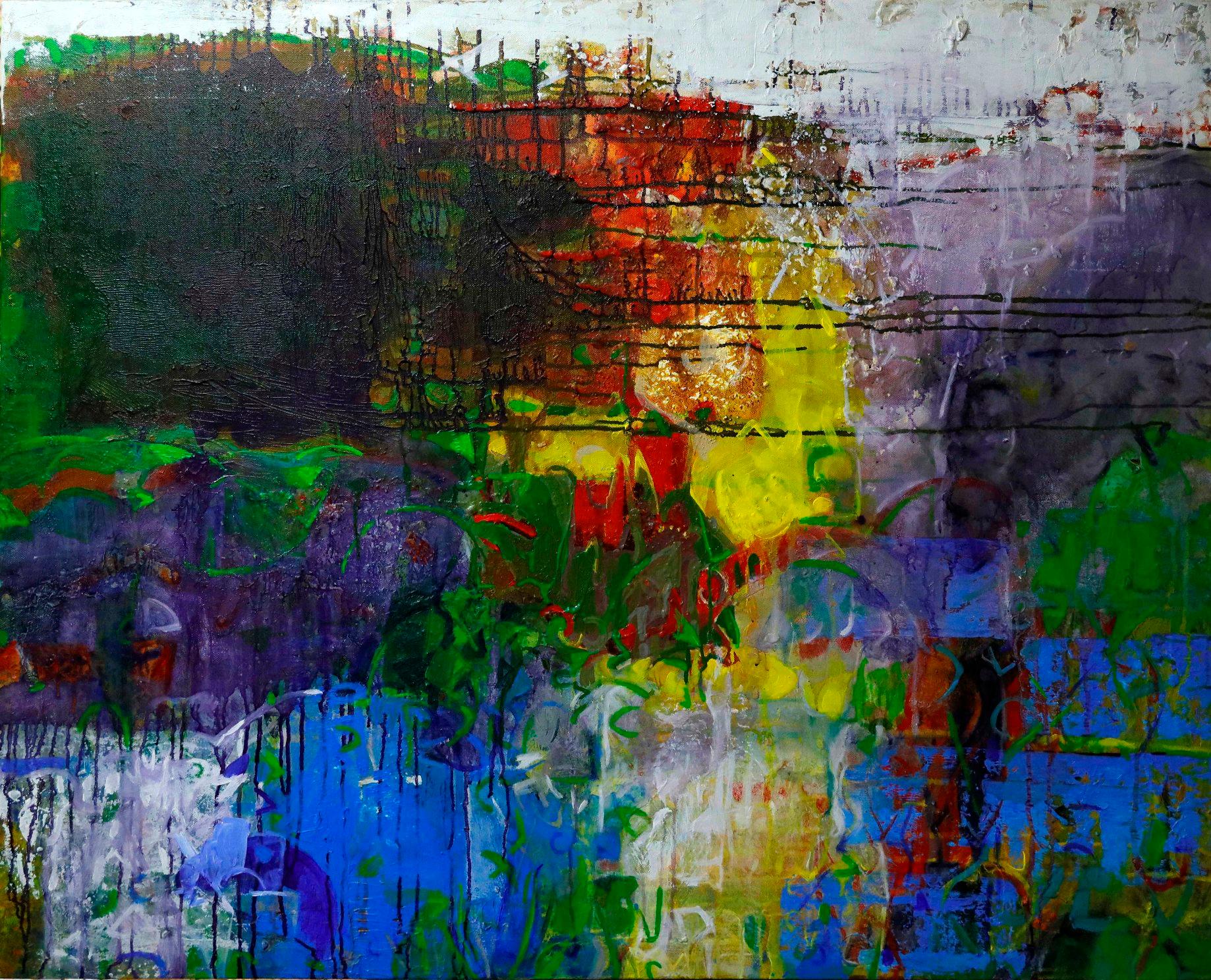 Abstract Painting di T. Athi Veerapandian - Senza titolo, Acrilico su tela, colori blu e rosso di Artista contemporaneo "In magazzino"