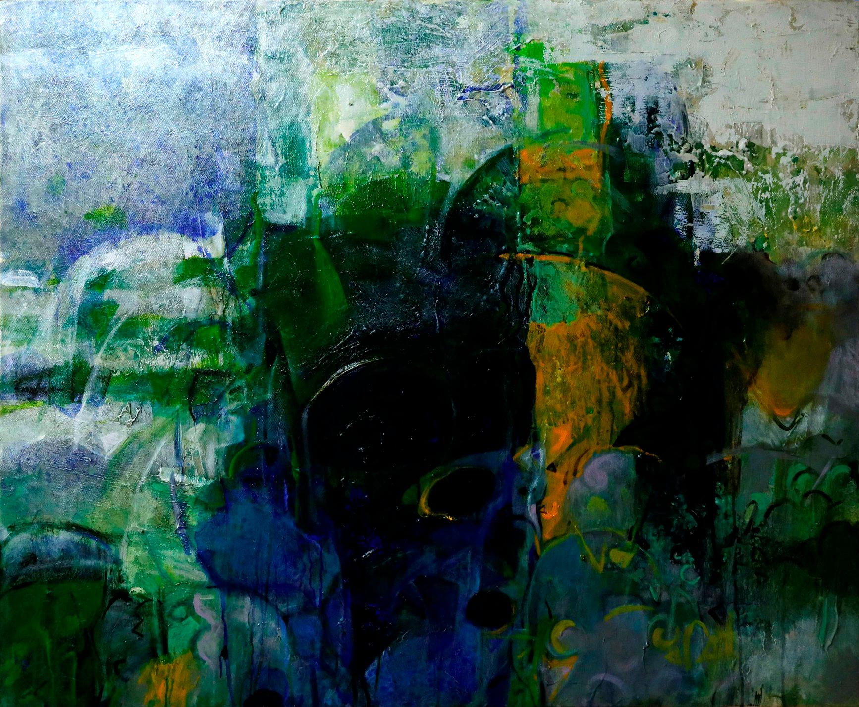 Abstract Painting di T. Athi Veerapandian - Senza titolo, Acrilico su tela, Verde, Blu, Bianco di Artista Contemporaneo "In magazzino"