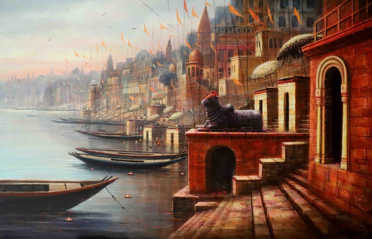 Paramesh Paul Interior Painting - Varanasi, Holy City, Acrylic on Canvas, Red,Yellow Contemporary Artist"In Stock"