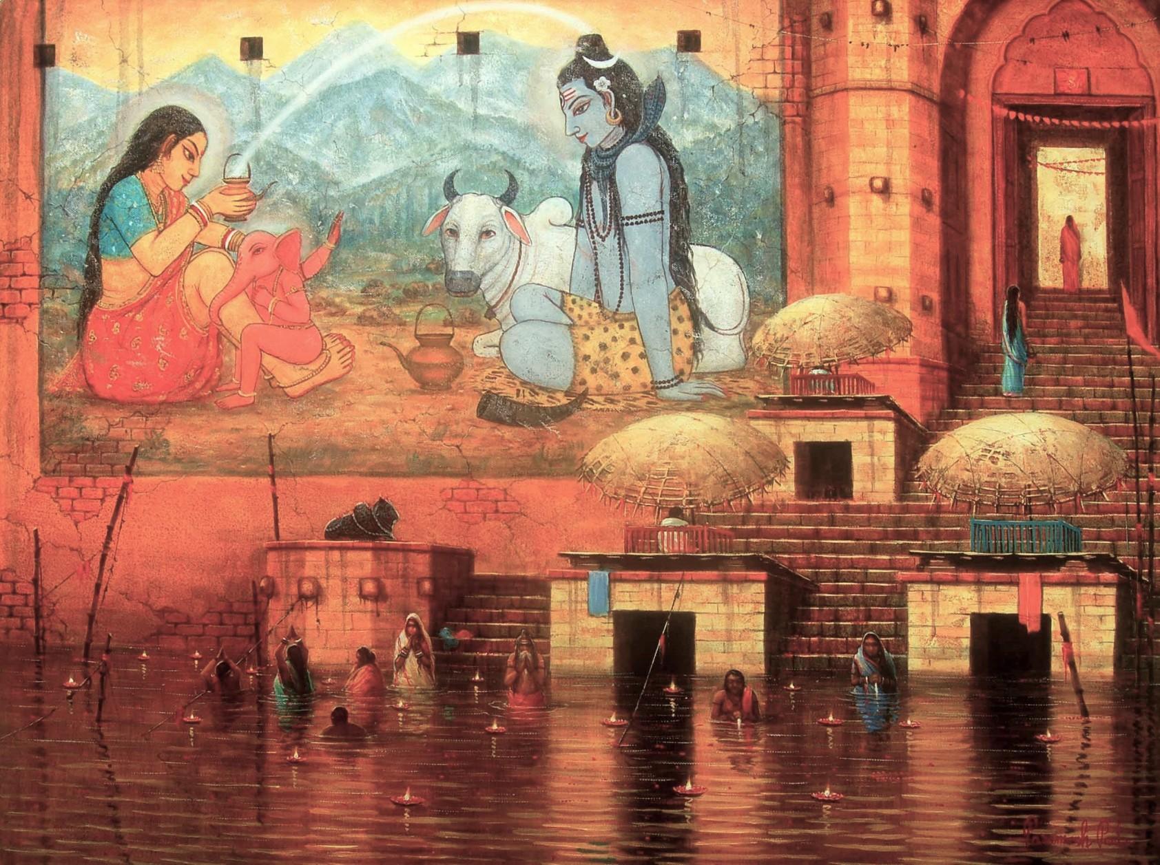 Varanasi, Holy City, Acrylic on Canvas, Red,Yellow Contemporary Artist"In Stock"