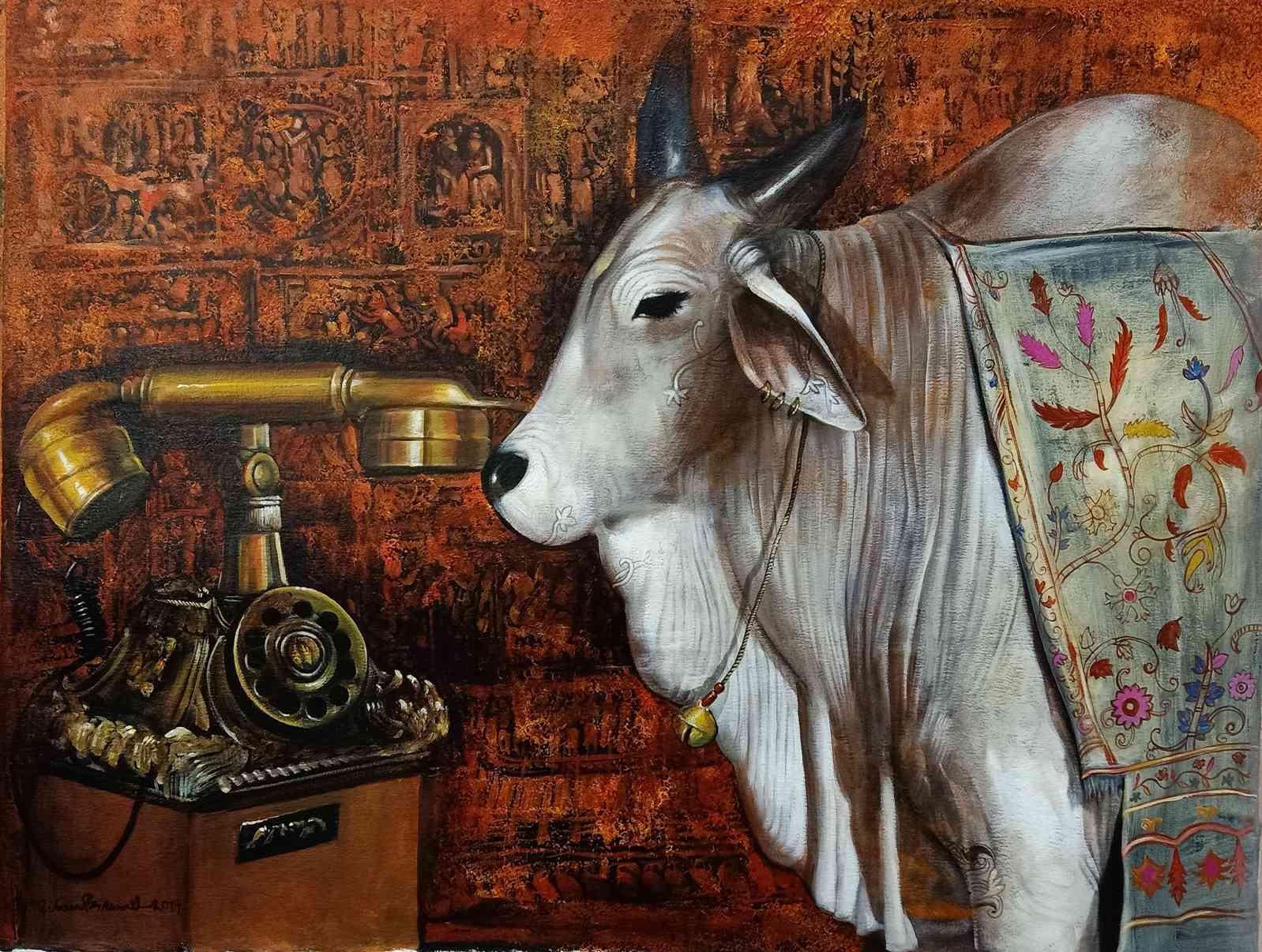 Jiban Biswas Animal Painting - Nostalgia, Acrylic on canvas, Brown, Red by Contemporary Artist "In Stock"
