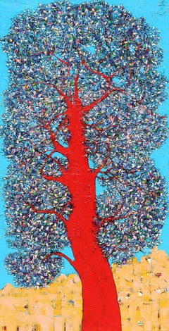 Tree of Life, Acrylic on canvas, Red, Blue by Contemporary Artist "In Stock"