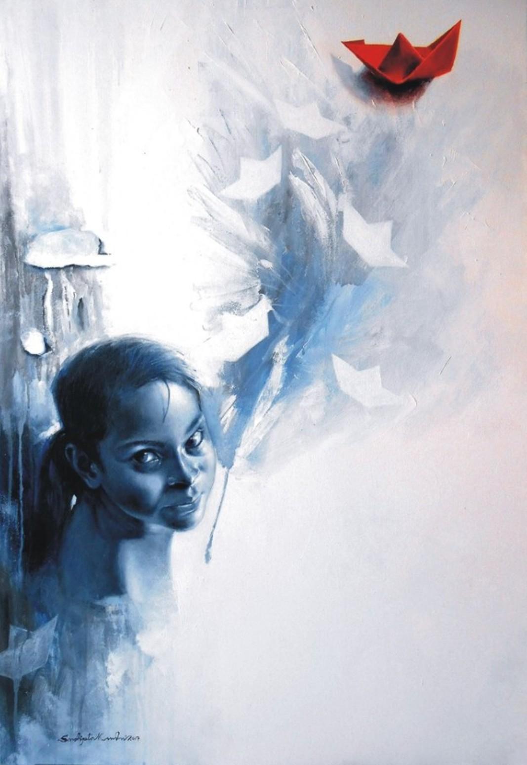 Sudipta Kundu Interior Painting – Der letzte Effekt eines einzigen Wortes, Acryl auf Leinwand von zeitgenössischem Künstler