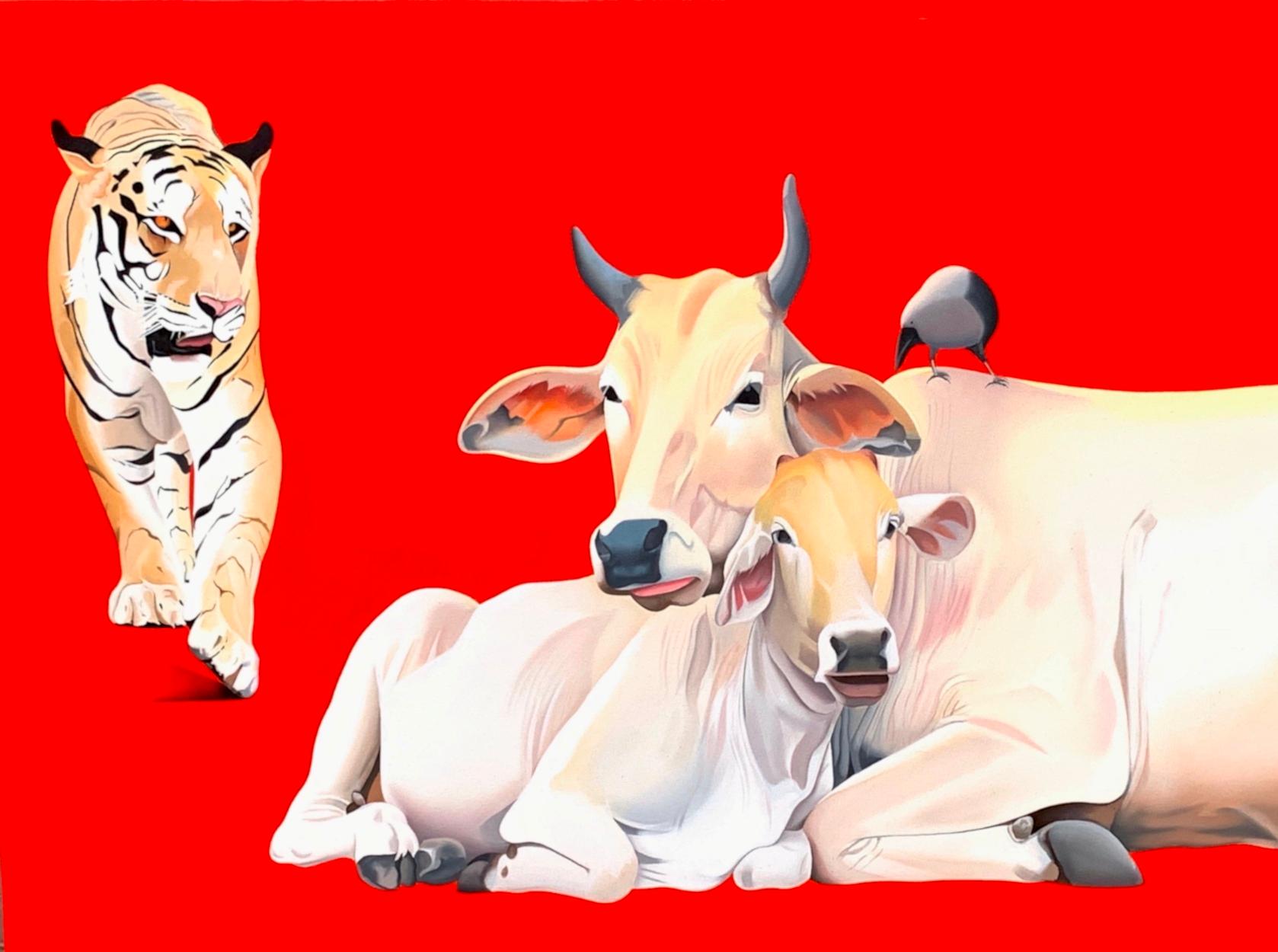Feroz Khan Animal Painting - Harmony, Acrylic on Canvas, Red, White Colours by Contemporary Artist "In Stock"