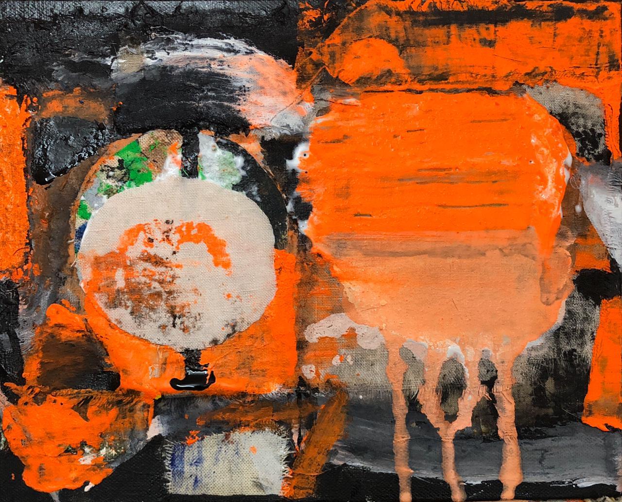  Untitled, Pigment on Canvas, Orange, Black by Contemporary Artist "In Stock"
