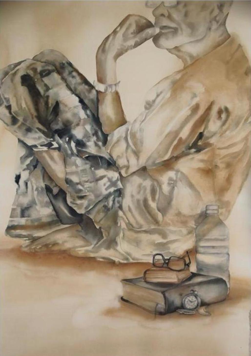 Afza Tamakanat Figurative Painting - Isolation, Coffee & Watercolour on Acid Free Paper by Indian Artist "In Stock"