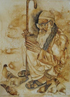 Ancien homme, café et aquarelle sur papier sans acide de l'artiste indien « En stock »
