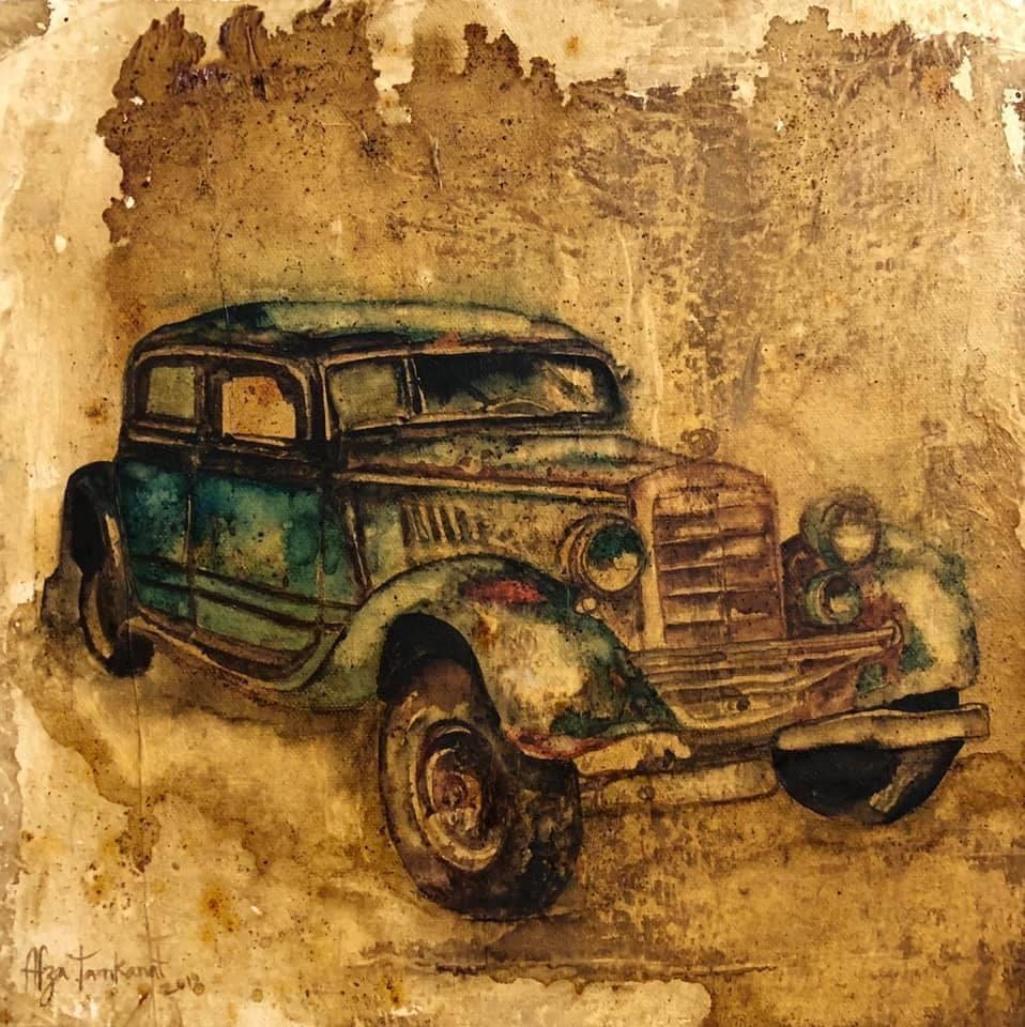 Auto d'epoca, tecnica mista su tela, giallo, nero di artista indiano "In magazzino"