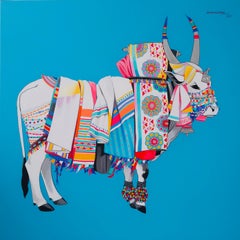 Gangireddu, Acrylic on Canvas, Blue, White Red by Contemporary Artist "In Stock"