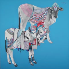 Gangireddu, Acrylic on Canvas, Blue, White Red by Contemporary Artist "In Stock"