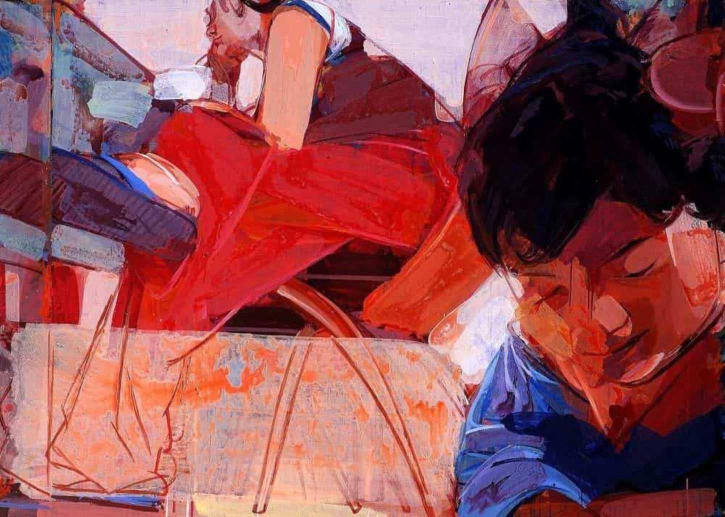 Uday Mondal Figurative Painting - Tango, Acrylic on canvas, Red, Brown, Blue, Indian Contemporary Artist"In Stock"