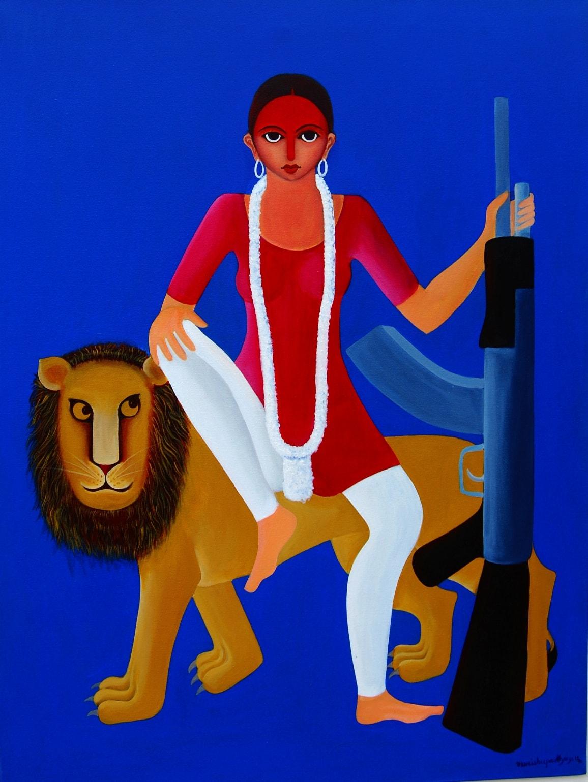 Durga-2, Acrylic on Canvas, Blue, Red, Yellow by Contemporary Artist "In Stock"