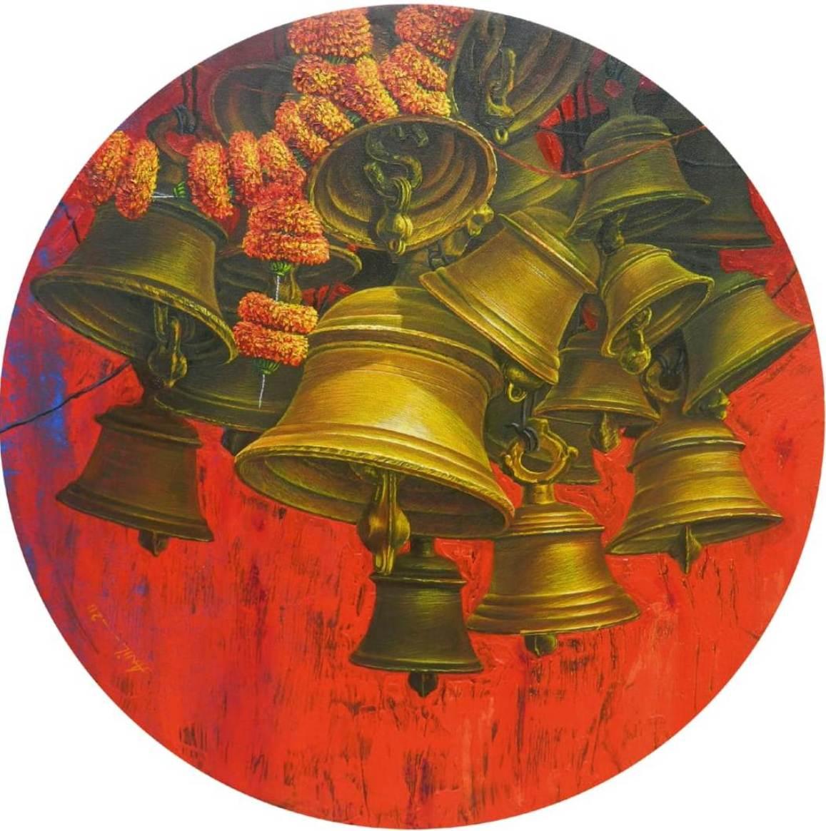 Figurative Painting di Anil Kumar Yadav - Aradhana-27, Acrilico su tela, rosso, arancione Artista contemporaneo "In magazzino"