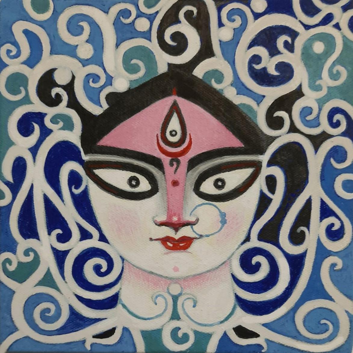 Durga, Goddess, Face, Festival, Tempera on Board by Indian Artist 