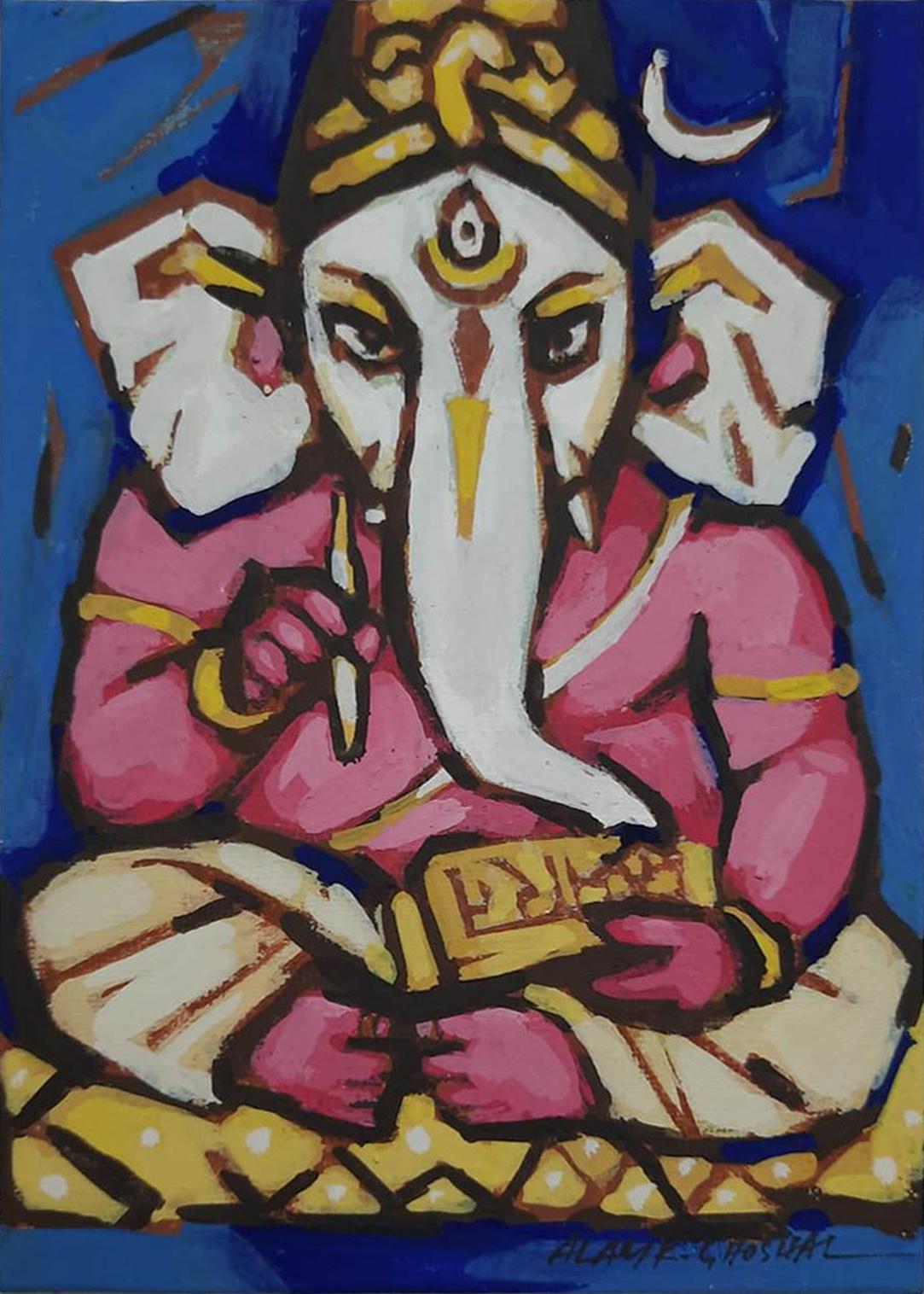 Ganesha, God, Indian Festival, Tempera on Board by Indian Artist 
