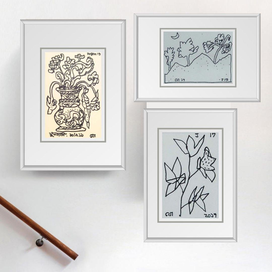 Set of 3 Drawings, Ink on Postcard & Paper by Modern Indian Artist 