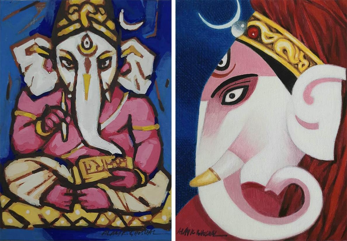 Set of 4 artworks, Ganesha, Durga, Tempera on Board by Indian Artist 