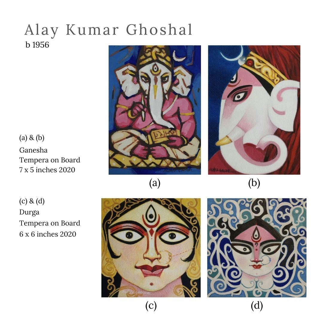 Alay Ghoshal Figurative Painting - Set of 4 artworks, Ganesha, Durga, Tempera on Board by Indian Artist "In Stock"