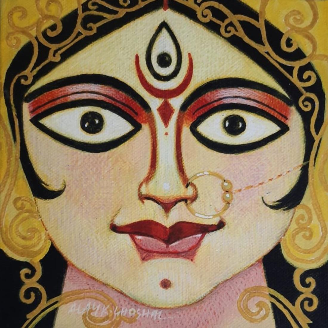 Set of 4 artworks, Ganesha, Durga, Tempera on Board by Indian Artist 