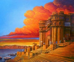 Banaras Ghat, Acrylic on Canvas by Contemporary Indian Artist "In Stock"