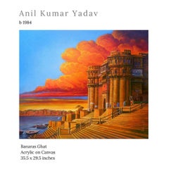 Banaras Ghat, Acrílico sobre Lienzo por Artista Indio Contemporáneo "En Stock"