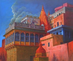 Banaras Ghat-XIII, Acryl auf Leinwand von zeitgenössischem indischen Künstler „Auf Lager“