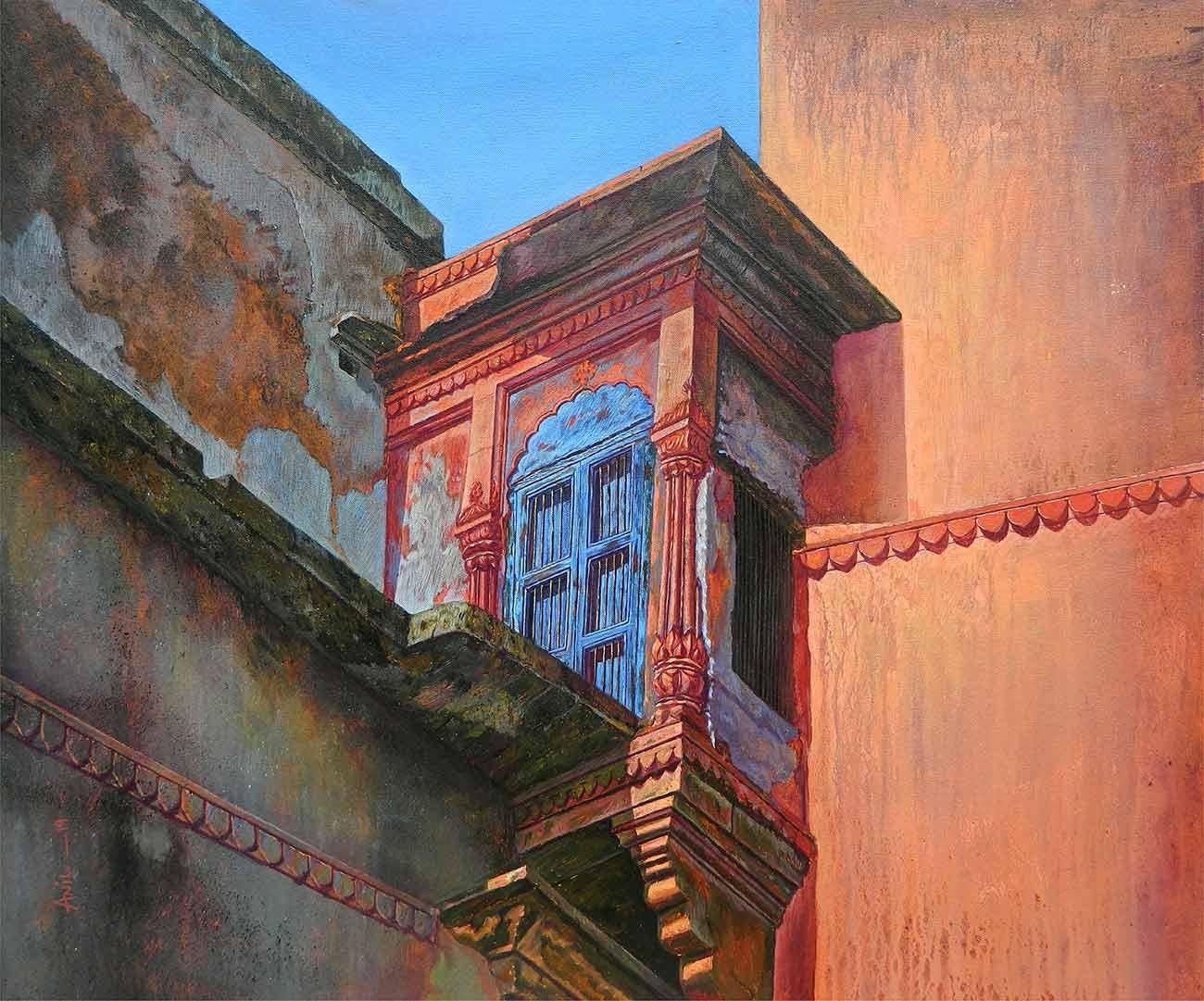 Banaras Ghat-XII, Acrylic on Canvas by Contemporary Indian Artist 