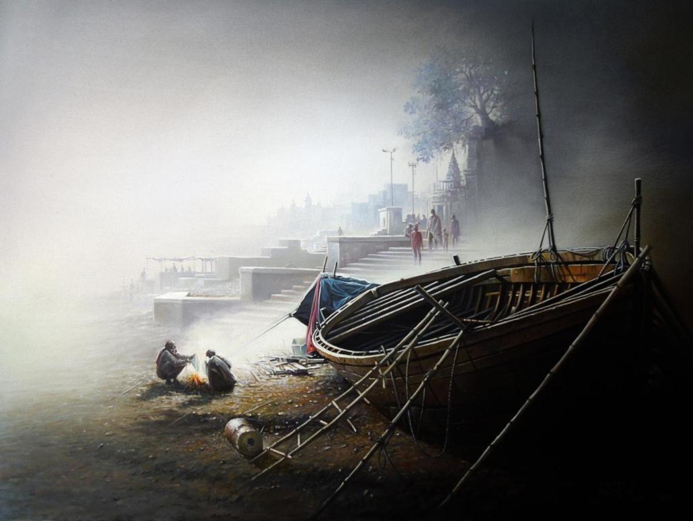 Peinture à l'huile sur toile Banaras Ghat Morning de l'artiste contemporain « en stock »