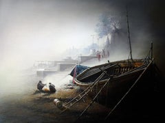 Peinture à l'huile sur toile Banaras Ghat Morning de l'artiste contemporain « en stock »