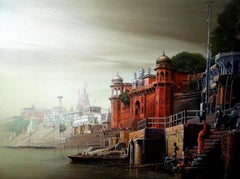 Peinture à l'huile sur toile Banaras Ghat de l'artiste contemporain « En stock »