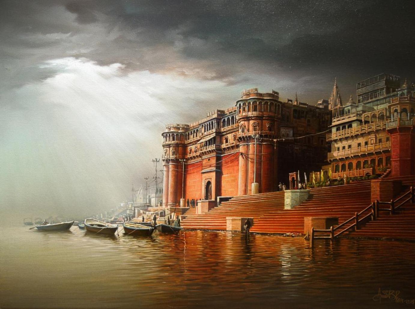 Banaras Ghat, Oil on Canvas by Contemporary Artist "In Stock"