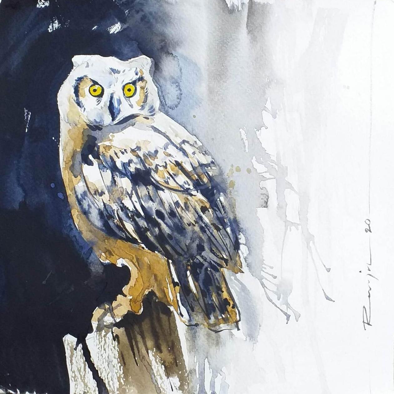 Raju Sarkar Figurative Painting - Owl, Watercolour on Paper by Contemporary Artist “In Stock”