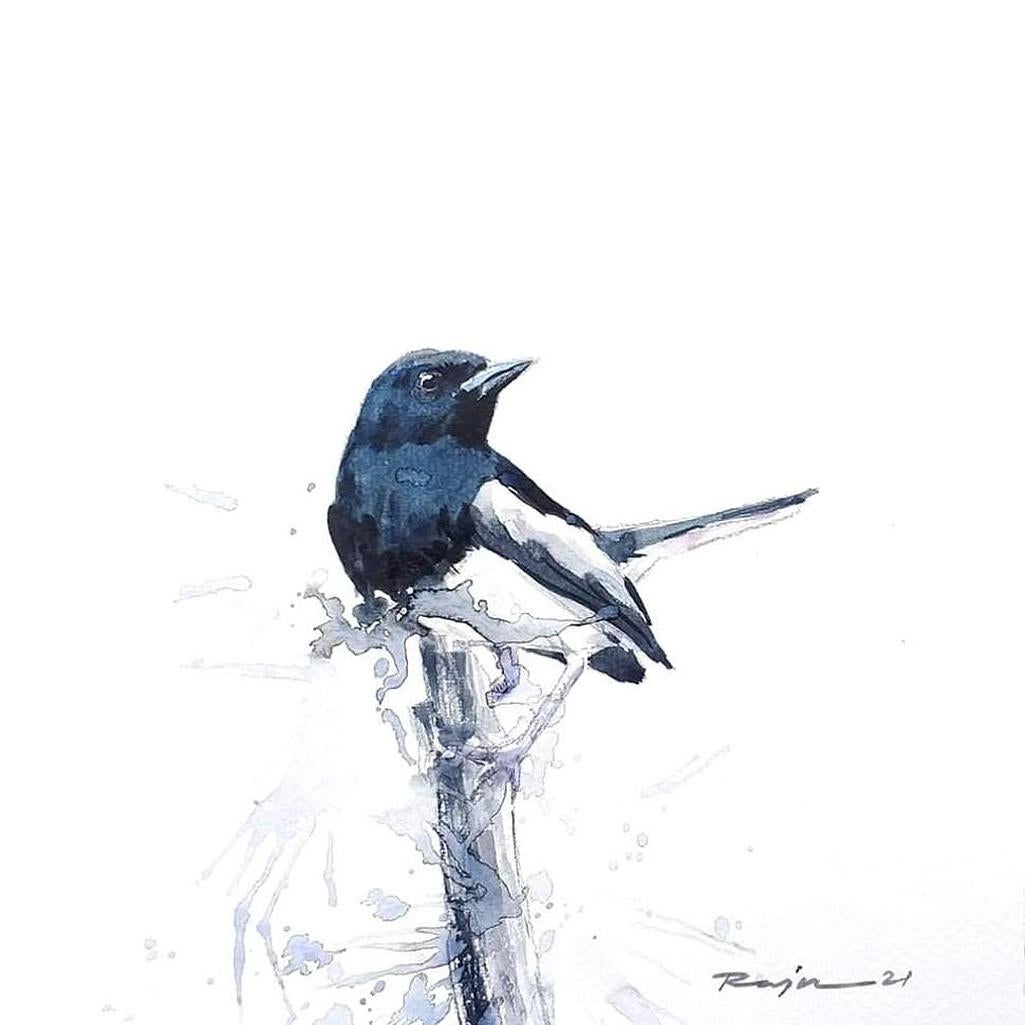 Oiseau, aquarelle sur papier d'un artiste contemporain, en stock