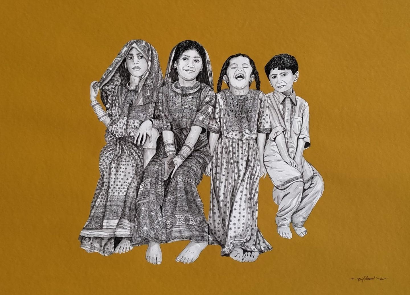 Kapil Anant Figurative Painting - Rajsthani Rural Sister's, Acrylic Ink on Paper by Contemporary Artist "In Stock"