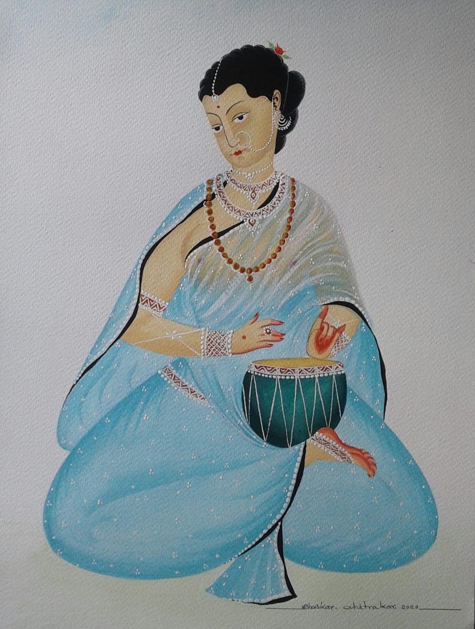 Bibi Playing Tabla, Watercolor, Gouache on paper, Contemporary Artist "In Stock"