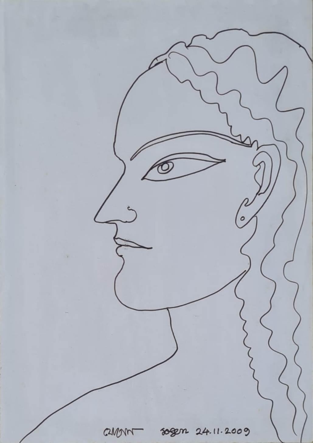 Jogen Chowdhury  Figurative Art - Lady, Figurative, Pen & Ink on Paper by Modern Artist "In Stock"