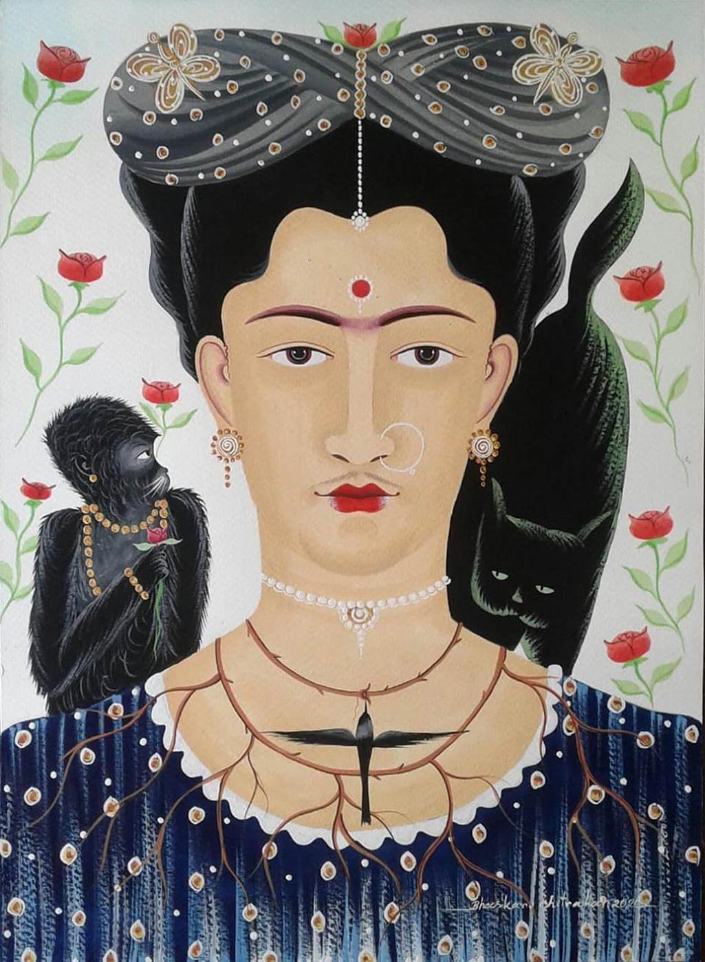 Frida Kahlo, aquarelle et gouache sur papier d'une artiste contemporaine, en stock