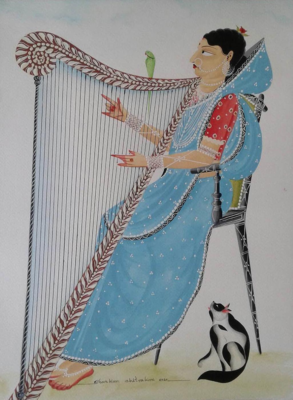 Bhaskar Chitrakar Figurative Painting - Playing Music, Watercolour & Gouache on Paper Contemporary Artist “In Stock"