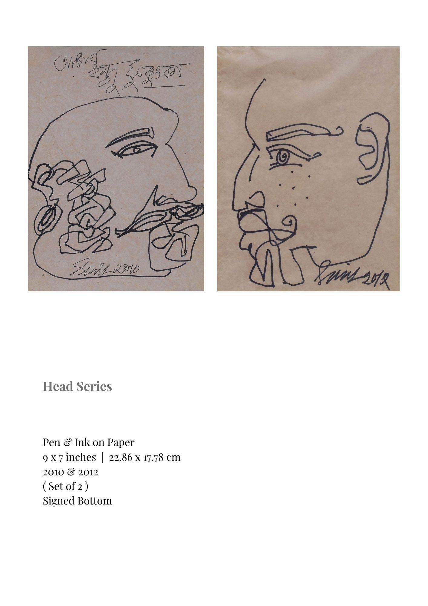 Head Series, Pen & Ink on Paper (Set of 2) by Modern Indian Artist "In Stock"