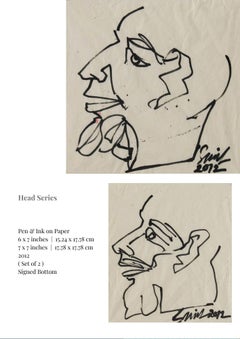 Serie di teste, Penna e inchiostro su carta (Set di 2) di Artista Indiano Moderno "In magazzino"