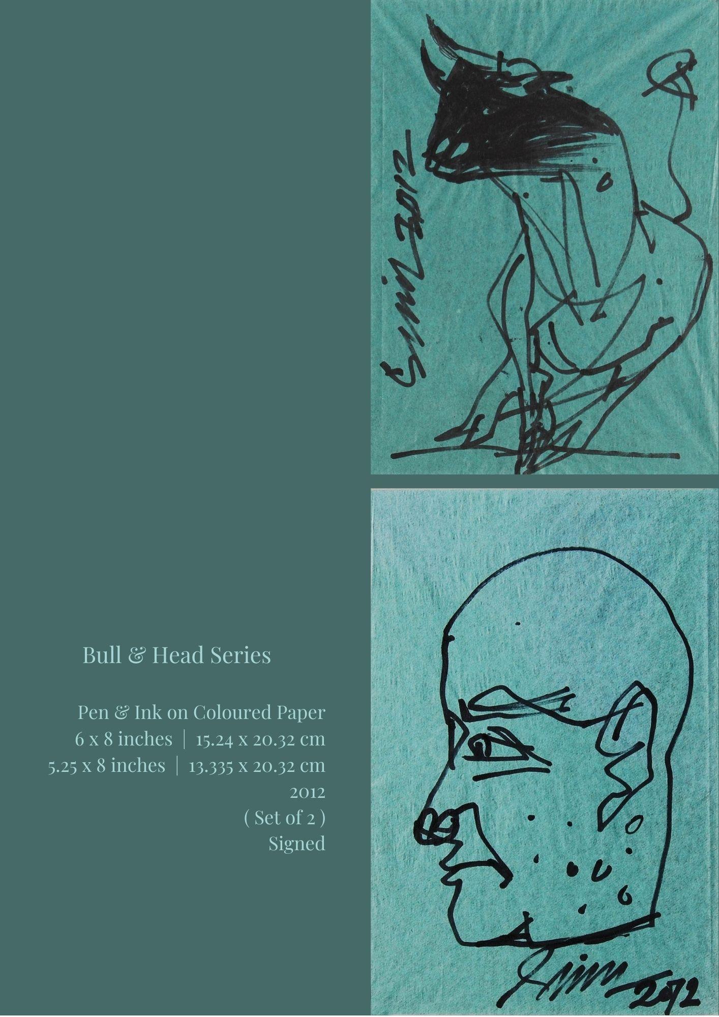 Sunil Das Figurative Art - Bull & Head Series Pen & Ink on Paper Set of 2 by Modern Indian Artist-In Stock