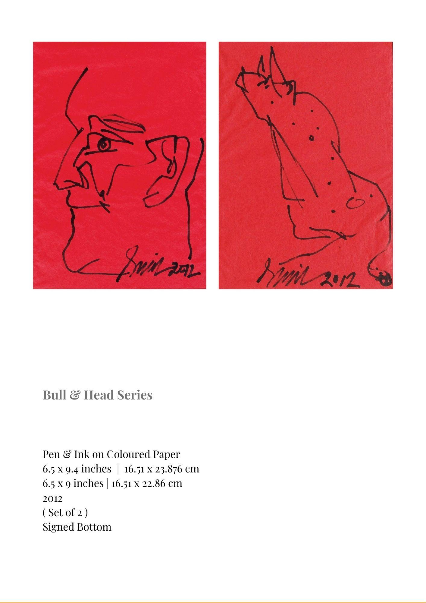 Bull & Head Series Pen & Ink on Paper Set of 2 by Modern Indian Artist-In Stock