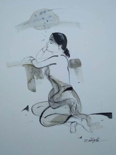 Indian Woman, Ink & Wash on Paper, Black and White Sketch “In Stock”