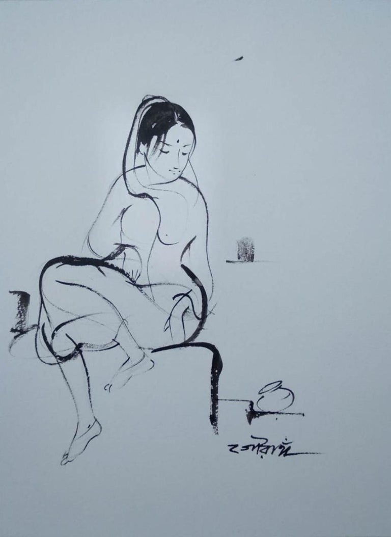Gaurango Beshai  Portrait - Indian Woman, Ink & Wash on Paper, Black and White Sketch “In Stock”