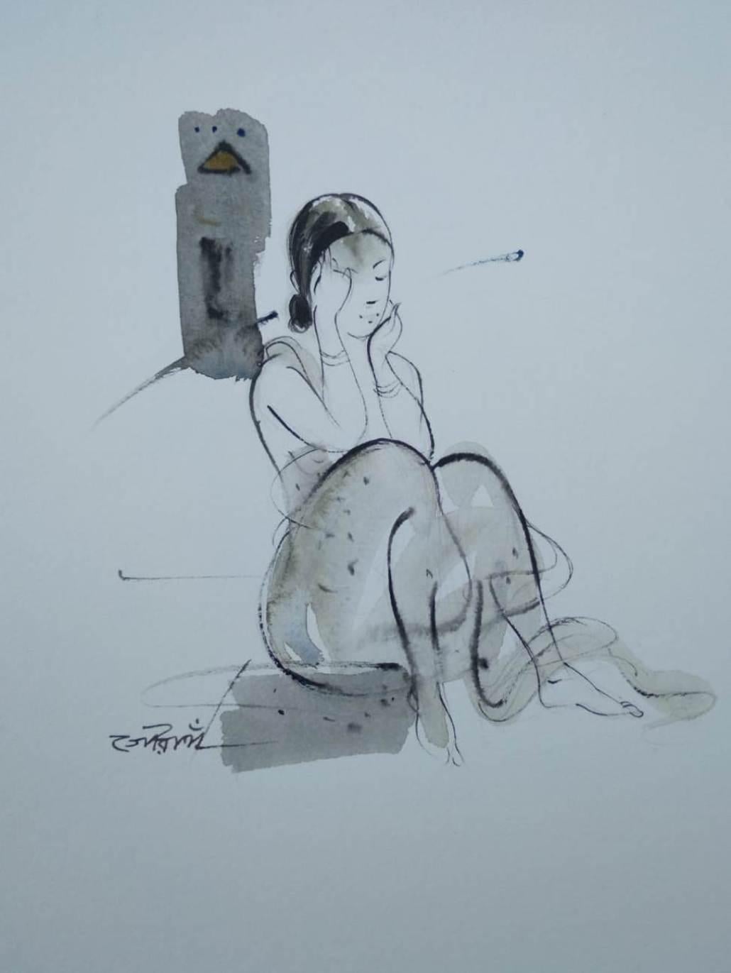 Indian Woman Ink & Wash,Black & White on Paper by Contemporary Artist “In Stock”